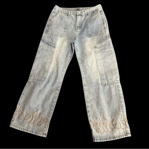 Y2K NVFelix Women's Jeans with Embroidered Flames Detail- Size Large